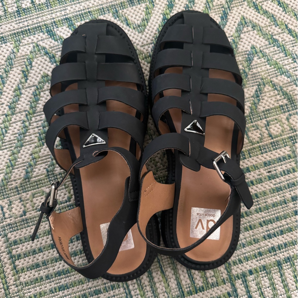 Dolce Vita Black Strappy Fisherman Sandals 10 Faux Leather Chunky Summer NWOT